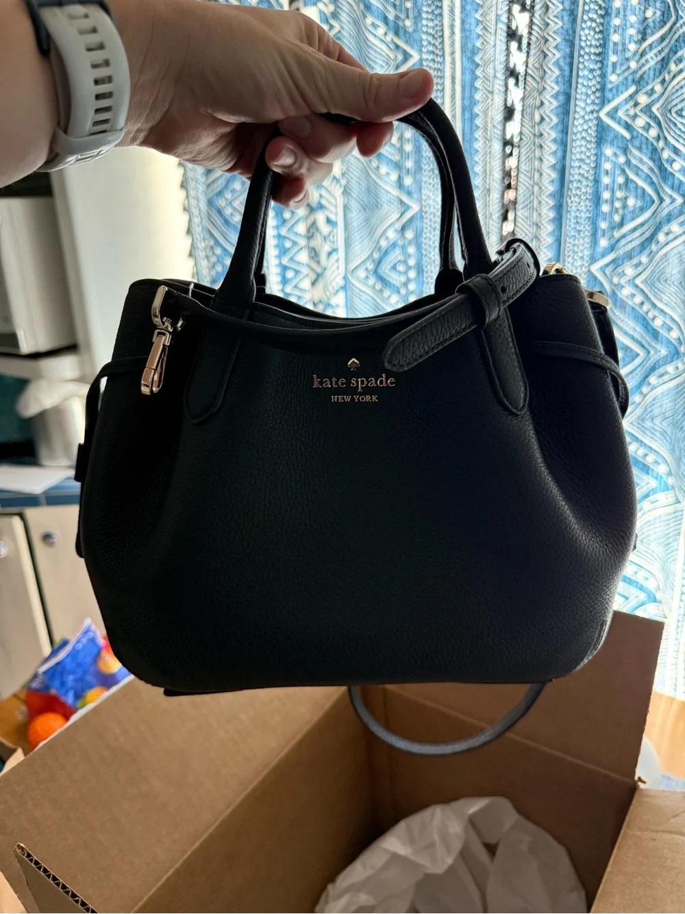 kate spade Black Pebbled Leather Dome Satchel with Gold Hardware